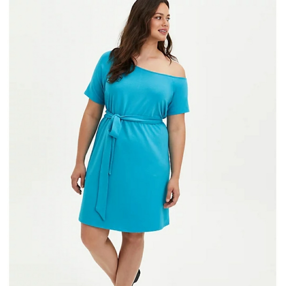 NWT Torrid Off Shoulder T Shirt Belted Dress French Terry Teal